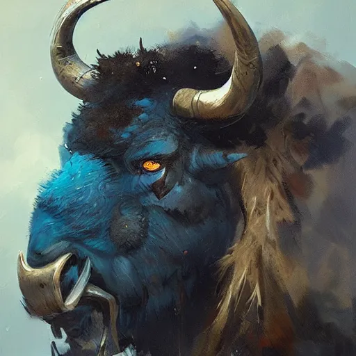 Image similar to angry blue bison portrait by greg rutkowski and frank frazetta, dark fantasy, blue, artstation