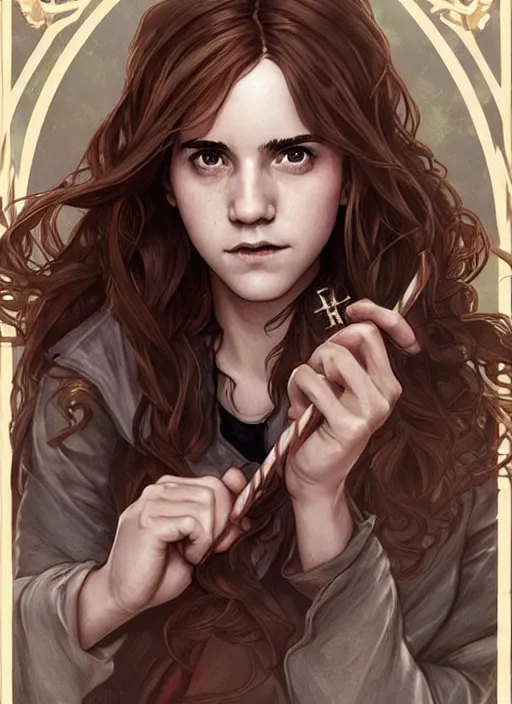 Image similar to hermione! granger! at hogwarts!!!! by emma watson. beautiful detailed face. by artgerm and greg rutkowski and alphonse mucha