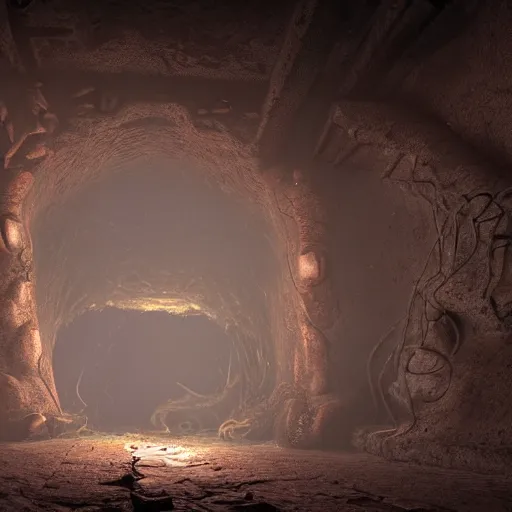Image similar to deep underground cthulhu dungeon cave with large lovecraft style structures and a chest in focus in the midde of the frame, dim light falling through cracks in the ceiling, cinematic, hdr, 4k, hyper realistic, render, cold light, high detail