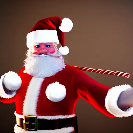 Prompt: high quality photo of santa claus with a candy cane sword, movie still, cinematic, 8 k, unreal engine, 3 d render