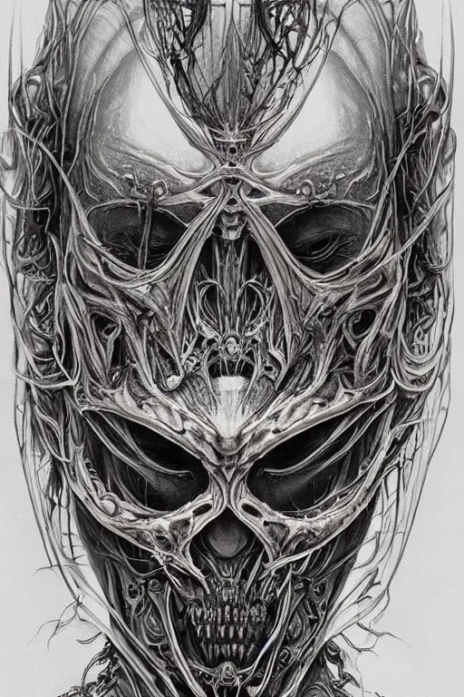 Prompt: Elden Ring and Doom themed painting of majestic chromatic biomechanical anatomical human hybrid beautiful ethereal angel symmetrical neutral mask closeup face tattoo pattern golden ratio concept, Neo-Gothic concept, infinity glyph waves, intricate artwork masterpiece, very coherent artwork, cinematic, full frontal facial features by Artgerm, art by H.R. Giger, Takato Yamamoto, Zdizslaw Beksinski, Johnatan Wayshak, Moebius, Ayami Kojima, very anatomically coherent artwork, trending on cgsociety, ultra high quality model, production quality cinema model, high detail chromatic ink outline, octane render, unreal engine 8k, hyper realism, high detail, octane render, unreal engine, 8k, High contrast