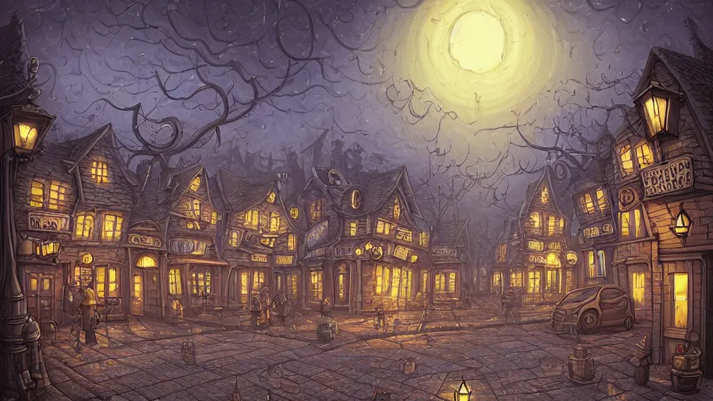 Image similar to street view of lovecraftian town square surrounded by houses in lovecraftian city at night by cyril rolando and naomi okubo and dan mumford and ricardo bofill. lovecraft. cobbled streets. oil lamp posts. lovecraftian statues.