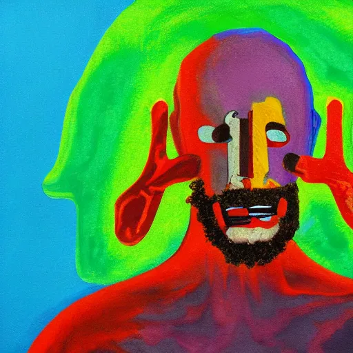 Image similar to colorful abstract painting of maniac bald man with brown beard stretching face with hands