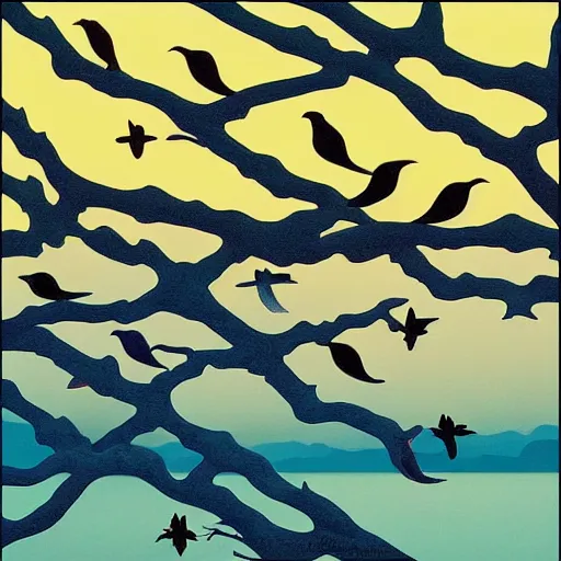 Image similar to birds on cherry tree, Changelingcore, serene, graceful, sunset photo at golden hour, Kodachrome, digital painting by M. C. Escher