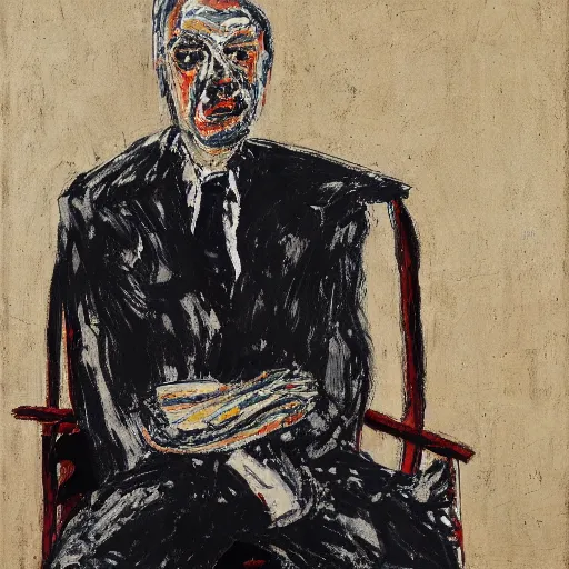 Image similar to painting of a man sitting on a chair, staring at you, by georg baselitz