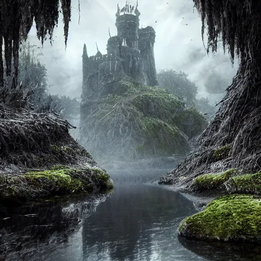 Image similar to full body pose, hyperrealistic photograph of the black castle of rotbog swamp, dim volumetric lighting, 8 k, octane beautifully detailed render, extremely hyper detailed, intricate, epic composition, cinematic lighting, masterpiece, trending on artstation, very very detailed, stunning, hdr, smooth, sharp focus, high resolution, award, winning photo, dslr, 5 0 mm