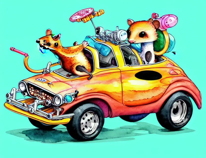 Image similar to cute and funny, quoll riding in a tiny hot rod with oversized engine, ratfink style by ed roth, centered award winning watercolor pen illustration, isometric illustration by chihiro iwasaki, edited by range murata, tiny details by artgerm and watercolor girl, symmetrically isometrically centered