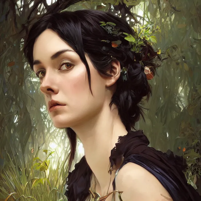 Image similar to portrait of tall woman in forest glade, short black hair, sharp focus, highly detailed, by artgerm, greg rutkowski, alphonse mucha, 8 k