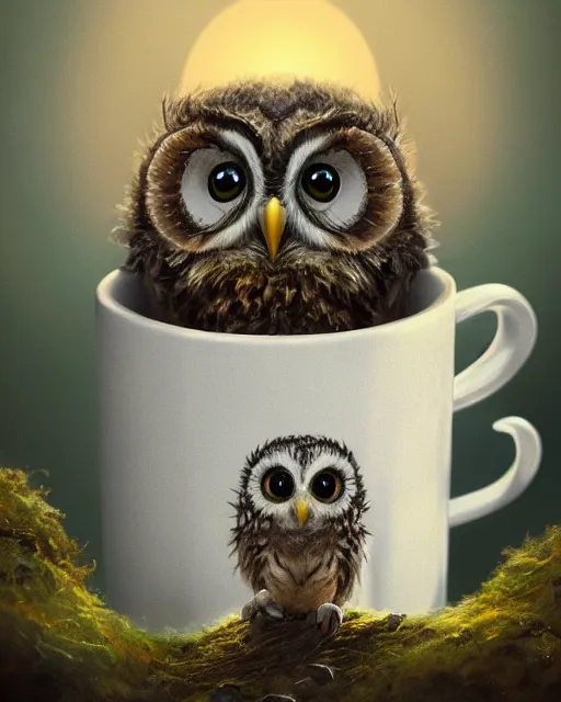 Image similar to long shot of a very cute owl chick nesting in a futuristic mug, esao andrews, humorous illustration, hyperrealistic, big depth of field, warm colors, night scenery, low light, 3 d octane render, 4 k, concept art, hyperdetailed, hyperrealistic, trending on artstation
