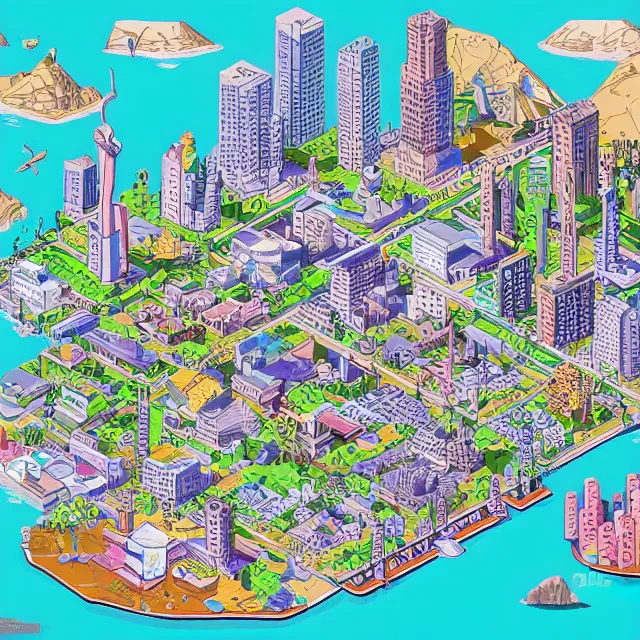 Prompt: a highly detailed hand drawn isometric game map illustration of cyberpunk Rio de Janeiro