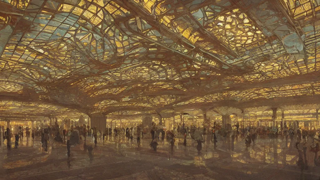 Image similar to a beautiful painting of an ornate airport designed by frank lloyd wright, with gold and mosaics, intricate, elegant, highly detailed, digital painting, artstation, concept art, by krenz cushart and artem demura and alphonse mucha