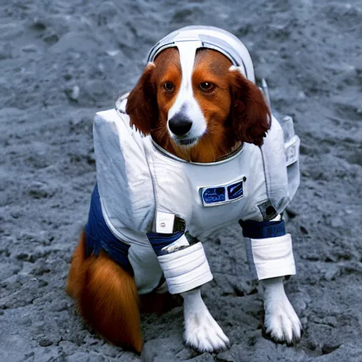 Image similar to kooikerhondje wearing an astronaut suit in the moon, photorealistic, 4k, high quality, beautiful