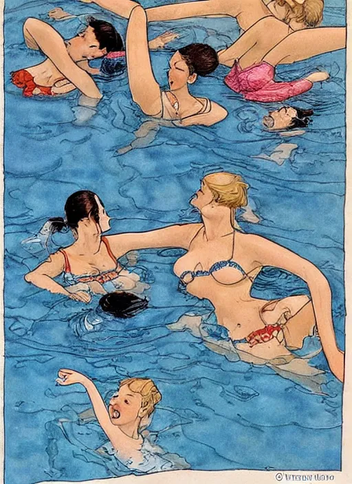 Image similar to girls having fun in the swimming pool, illustration by Milo Manara