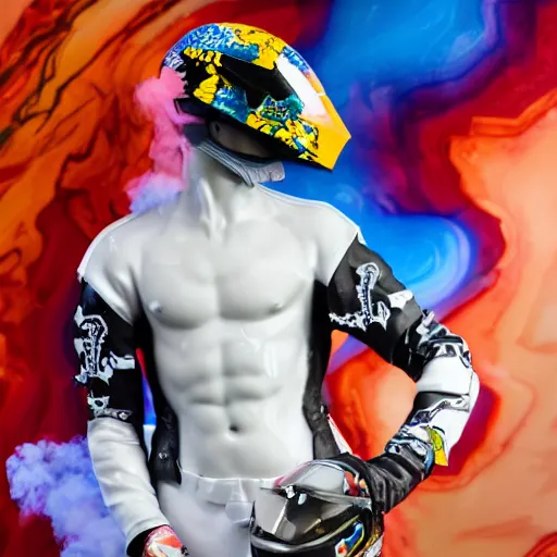 Prompt: extremely beautiful photo of a white marble statue of a black man with colorful motocross logos and motorcycle helmet with closed visor, colorful smoke in the background, carved marble statue, fine art, neon genesis evangelion, highly detailed, 8 k, hyperreal