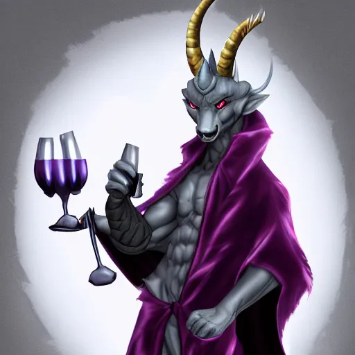 Prompt: young male anthro dragon, gray-colored, sculpted draconic features, glowing eyes, toned arms, wearing a luxurious velvet robe, holding a glass of wine, commission on furaffinity, artstation, high quality highly detailed digital art