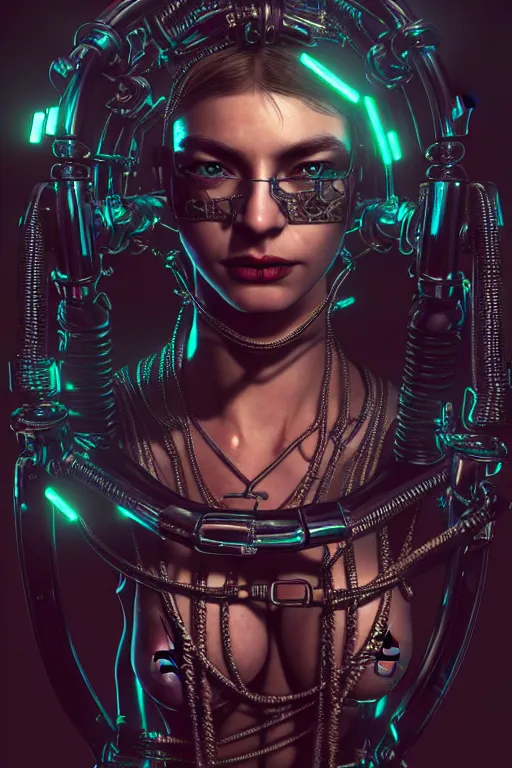 Prompt: an intricately detailed ultra - realistic unreal engine 5 rendering of a portrait of neo gothic cyberpunk neon - chained slave girl, concept art, intricate details, eerie, highly detailed, photorealistic, octane render, 8 k uhd art by kilian eng