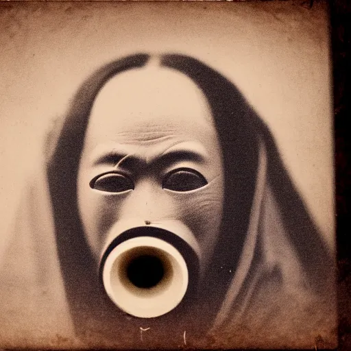 Prompt: a potrait of samura taken in 1 6 3 0, in a circle, kodak 4 0 0, nft style, facing sideways, wearing an oni mask, grain, scretch, high quality, 8 k, photorealistic, real, old photo style