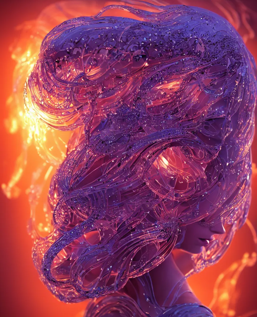 Image similar to close-up macro portrait of the face of a beautiful princess, epic angle and pose, symmetrical artwork, 3d with depth of field, blurred background, cybernetic jellyfish female face skull phoenix bird, translucent, nautilus, energy flows of water and fire. a highly detailed epic cinematic concept art CG render. made in Maya, Blender and Photoshop, octane render, excellent composition, cinematic dystopian brutalist atmosphere, dynamic dramatic cinematic lighting, aesthetic, very inspirational, arthouse. y Greg Rutkowski, Ilya Kuvshinov, WLOP, Stanley Artgerm Lau, Ruan Jia and Fenghua Zhong