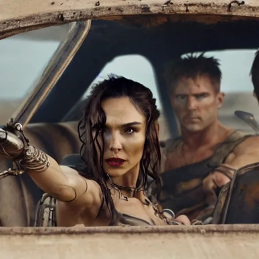 Image similar to a film still from the movie mad max fury road of the anthropomorphic cheetah raiders driving around in the post apocalyptic wasteland gal gadot