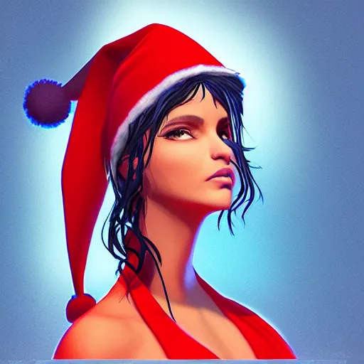 Image similar to goddess seen in profile, different shades of blue, wearing a red santa hat, hd artstation