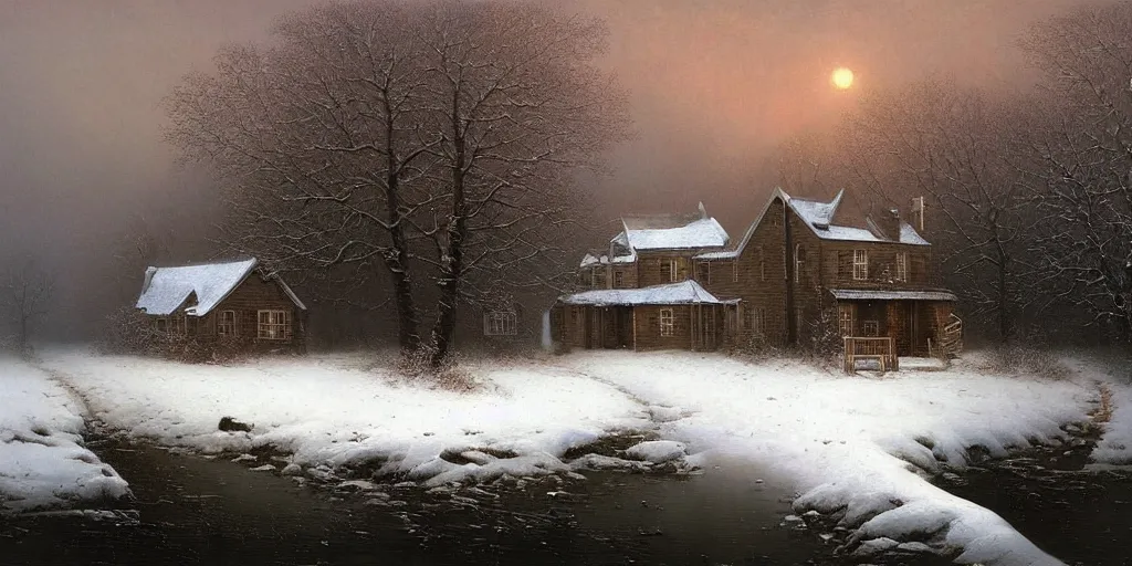 Prompt: Rustic house in the middle of winter snow freezing cold, snowy trees, Beautiful Artwork by Lee Madgwick by Ivan Aivazovsky