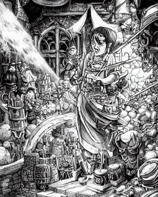 Prompt: A merchant selling treasuries and potions, high detailed store, black and white, fantasy art, goblin art, in the style of masami kurumada, illustration, epic, fantasy, intricate, hyper detailed, artstation, concept art, smooth, sharp focus, ray tracing