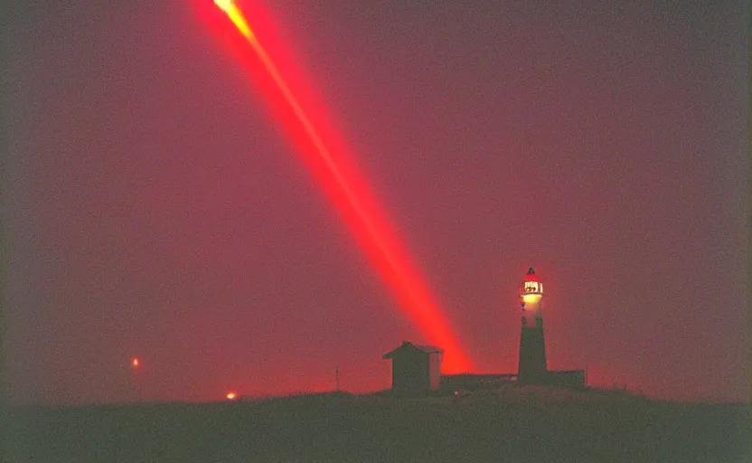 Image similar to lighthouse that shines with a red beam, field, night, unsettling, photo 1998