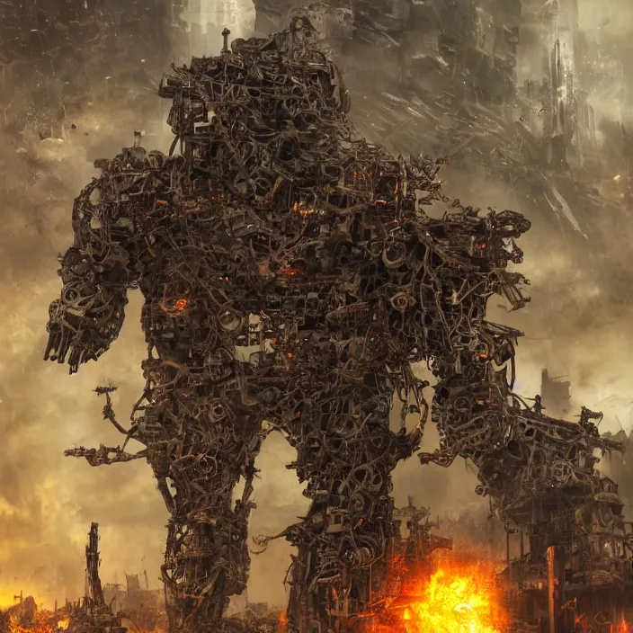 Image similar to gritty humanoid apocalyptic cyborg standing amongst destroyed machinery, hyper - detailed, sharp focus, 4 k ultra hd, fantasy dark art, apocalyptic art