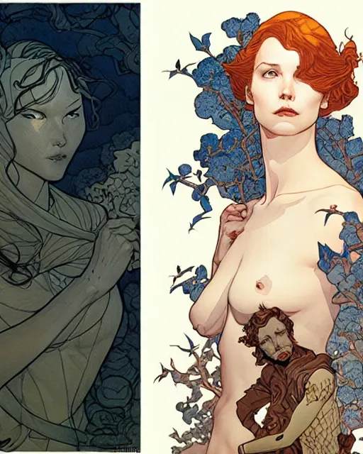 Prompt: artwork by James Jean and artwork by Phil noto and artwork by Rebecca guay of a handsome man and a beautiful woman back to back