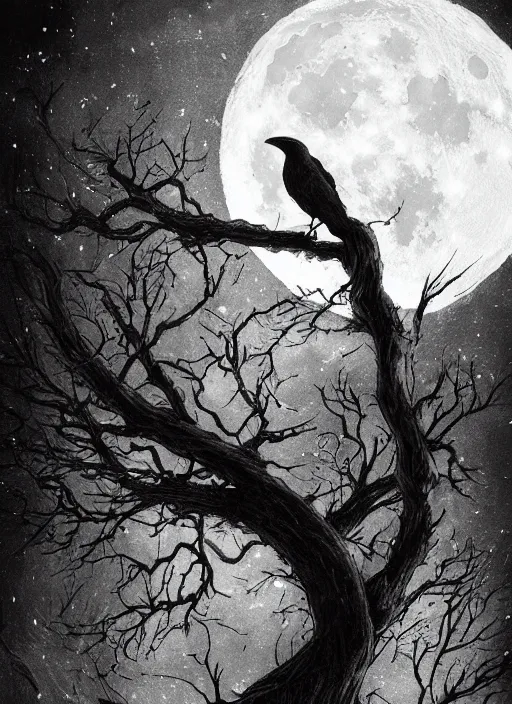 Image similar to crow on tree in front of the full big moon, dramatic lighting, cinematic, establishing shot, extremely high detail, foto realistic, cinematic lighting, pen and ink, intricate line drawings, by Yoshitaka Amano, Ruan Jia, Kentaro Miura, Artgerm, post processed, concept art, artstation,