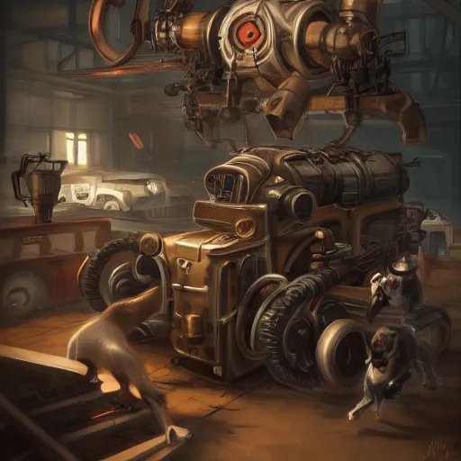 Prompt: dog fixing engine, dieselpunk, fantasy, artstation