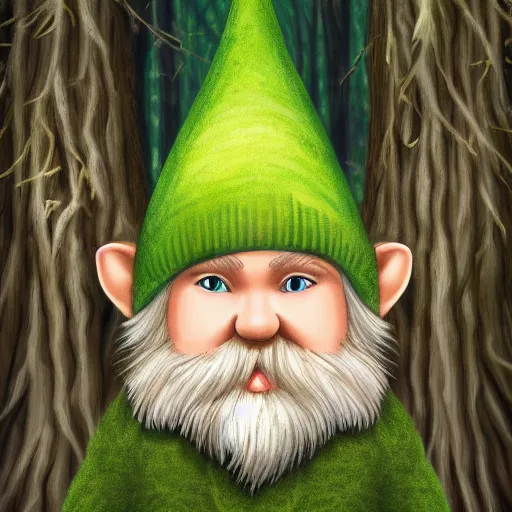 Prompt: a gnome with blonde hair, green eyes, and light maple colored skin lurking in the forest, digital art