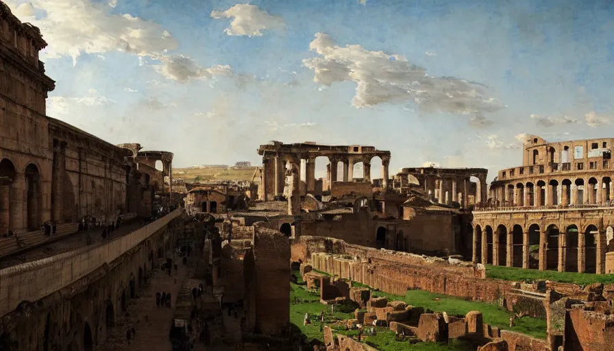 Image similar to ancient rome, aqueduct and roman baths in the background, cupresses, intricate, paint texture, old masters, caravaggio, repin, solid anatomy, elegant, volumetric lighting, digital painting, highly detailed, artstation, sharp focus, illustration, concept art, ruan jia, steve mccurry, charlie bowater, norman rockwell, masterpiece, 8 k