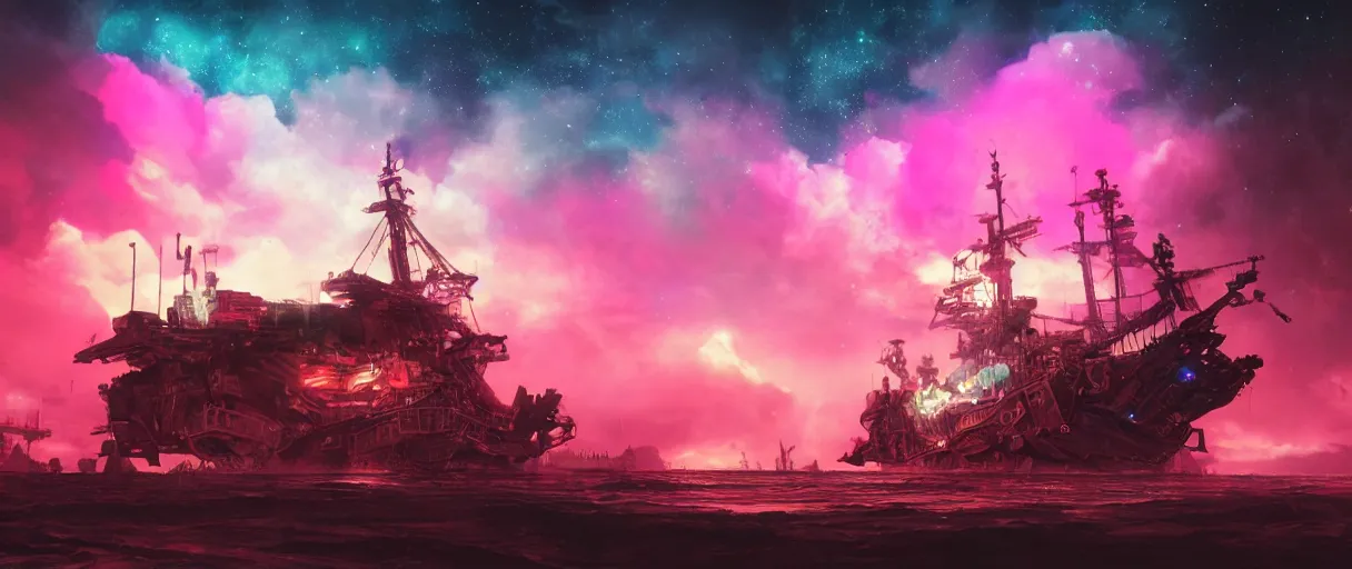 Image similar to space, mohawk, portrait big dark punk, hyperdetailed illustration, stars, pink, neon, oil painting, rich deep colors masterpiece, pirate neon ship, ultra detailed, contrast, heaven pink, clouds, volumetric light, atmospheric lighting, dramatic, cinematic, moody, octane render 4 k, 8 k