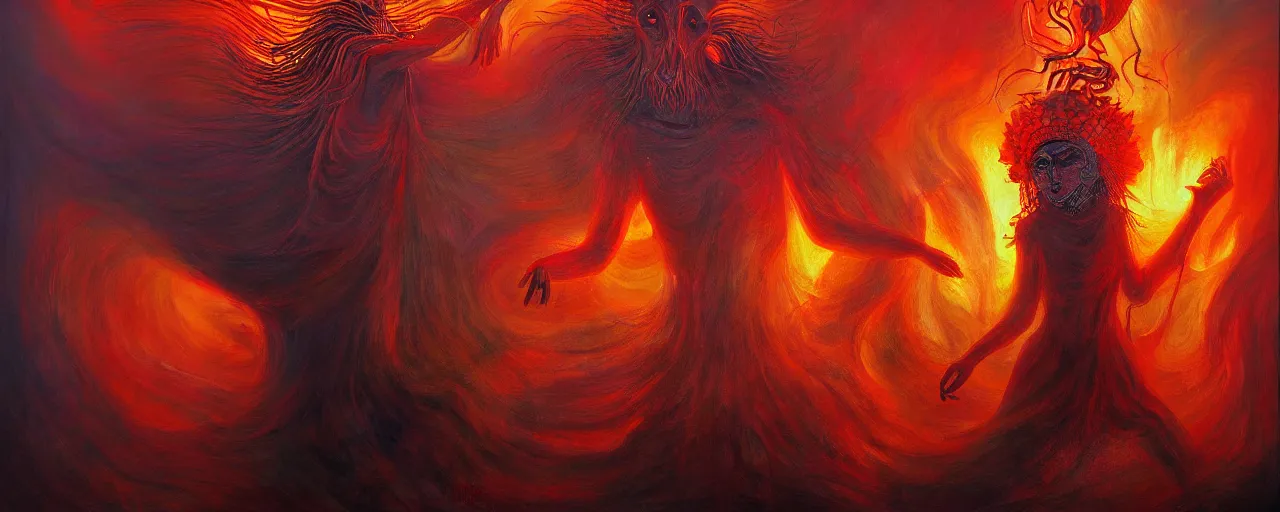 Image similar to personified emotion and thought creatures repressed in the depths unconscious of the psyche lead by baba yaga, about to rip through and escape in a extraordinary revolution, dramatic fiery lighting, surreal painting by ronny khalil