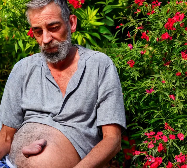 Prompt: mr robert smoke weed and meditate in the garden, he has dark grey hairs, detailed glad face, muscular chest, pregnant belly, golden hour closeup photo, red elegant shirt, eyes wide open, ymmm and that smell