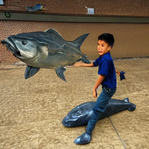 Prompt: boy flying with school of coelacanths