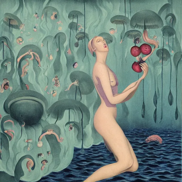 Image similar to tall female catgirl artist holding sheet music in her flooded apartment, pomegranates, octopus, water gushing from ceiling, painting of flood waters inside an artist's apartment, a river flooding indoors, mushrooms, ikebana, zen, rapids, waterfall, black swans, canoe, berries, acrylic on canvas, surrealist, by magritte and monet