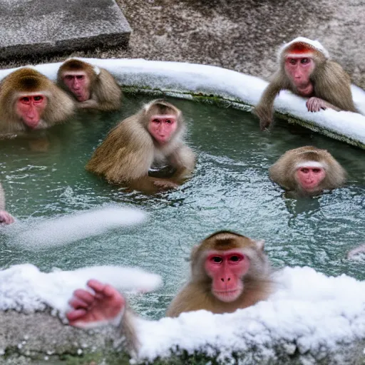 Image similar to a family of Japanese macaques in a snowy hot spring, oranges floating in the water, early morning