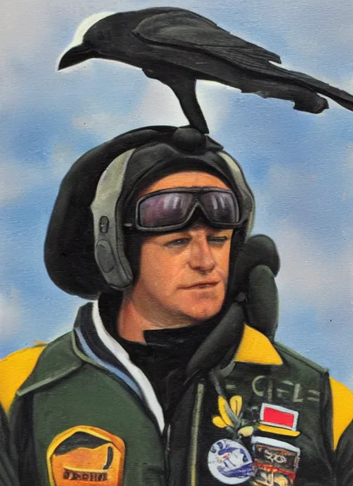 Image similar to a jet pilot with a crow head