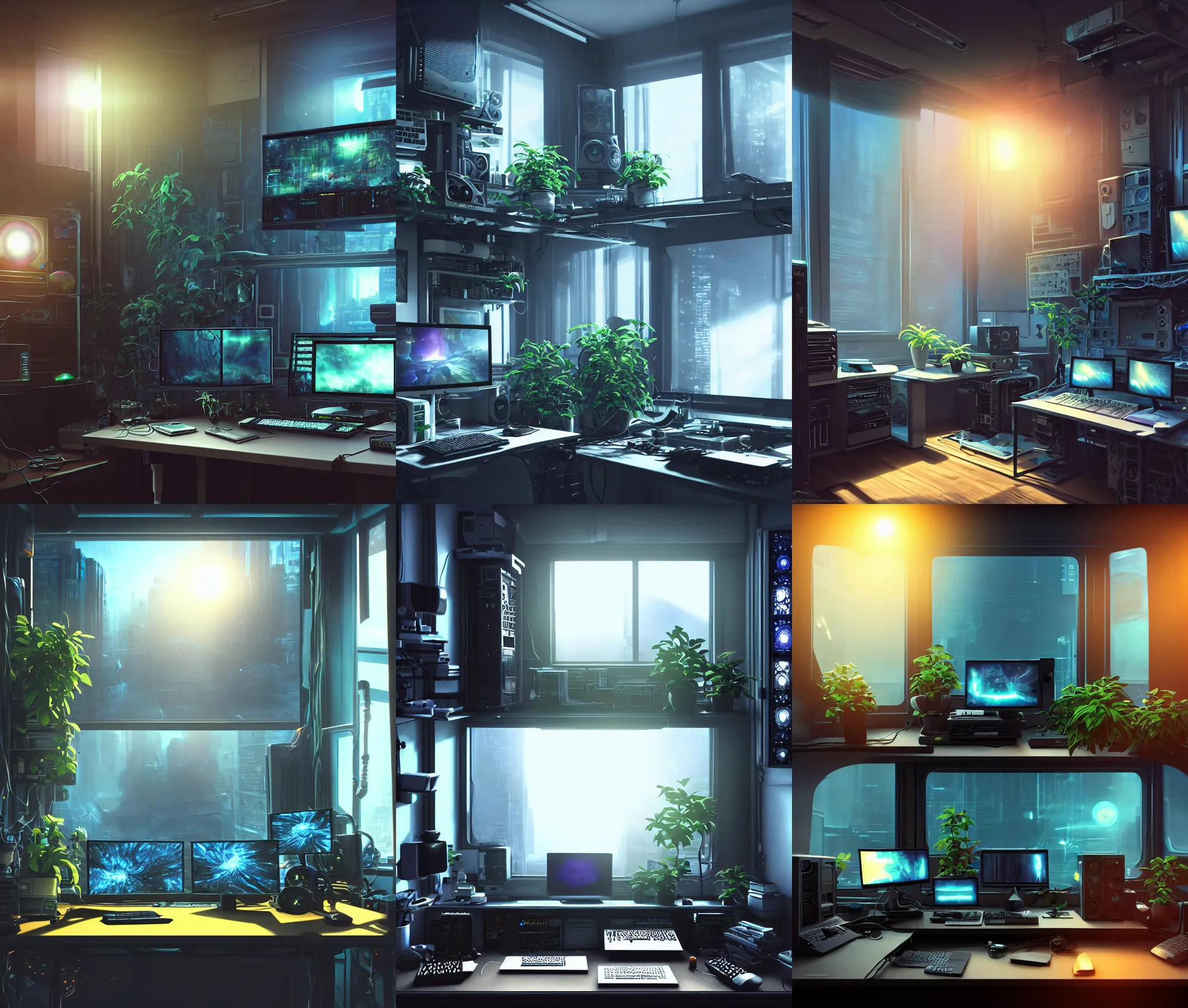 Prompt: detailed scifi artstation scene of a complex computer workstation in a small studio apartment room, a potted plant, many monitors, many electronics, a window view, maximalism, volumetric light, sunny amber morning light, sun beam, atmospheric haze, fine details, unreal engine, hyperrealism, realistic shading, blender render, photorealistic, wide shot