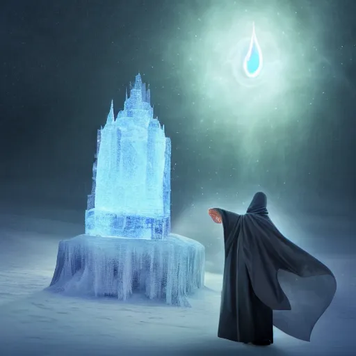 Image similar to a cloaked mage casting a magic spell toward an ice castle