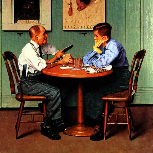 Prompt: Three students talking at a table artwork by Norman Rockwell, cinematic view, high quality