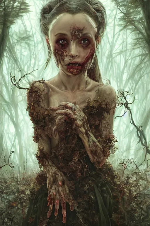 Prompt: scared cottagecore zombie Ariana Grande , rotten flesh & corpses, creepy forest, intricate, elegant, highly detailed, digital painting, artstation, concept art, smooth, sharp, focus, illustration, art by artgerm and greg rutkowski and alphonse mucha