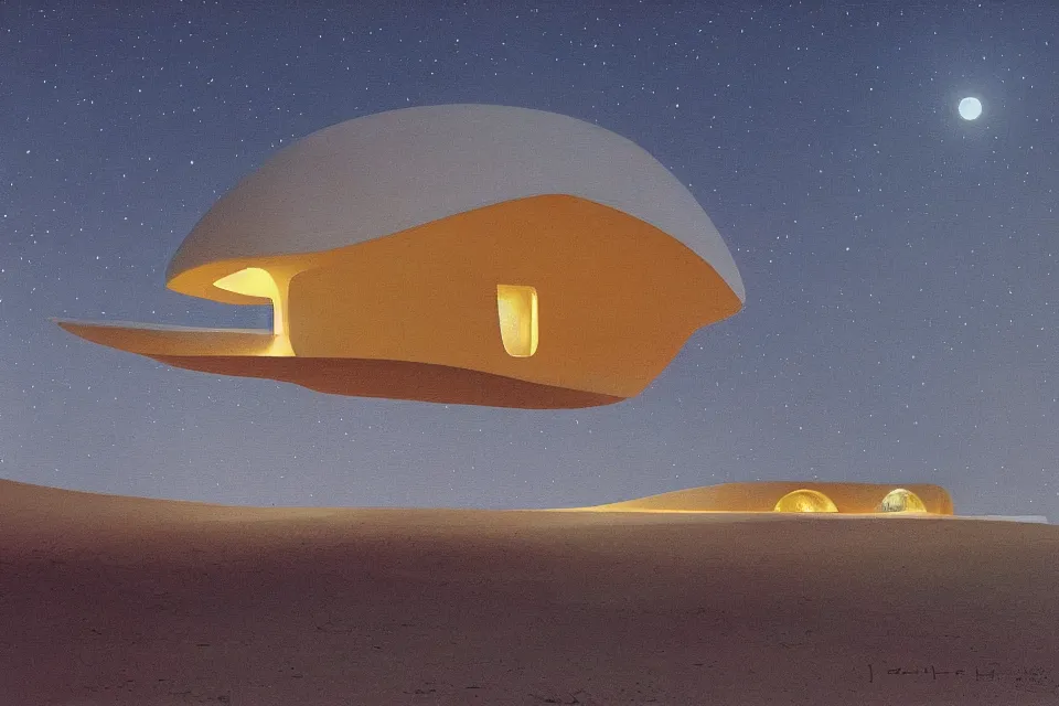 Prompt: sci fi landscape painting of snohetta architecture design of a seashell shaped house in the middle of the desert at night, painted by john harris and moebius