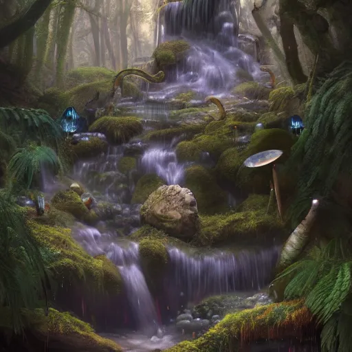 Prompt: tom bagshaw, mythical shrine, soft painting render curiosities carnival pond river vegetation rocks bugs wildlife mushrooms covered moss bioluminescent wisps, beautiful stunning waterfall, accurate features, focus, very intricate ultrafine details, random volumetric lighting, fog, award winning masterpiece, octane render 8 k hd, artstation