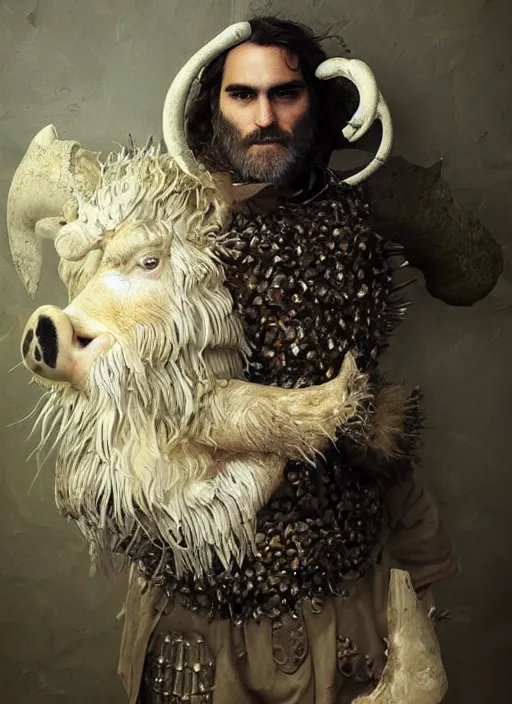 Image similar to joaquin phoenix with an armor made of animals, cow horns, pig nose, sheep wool, chicken feather armor, majestic, by anna podedworna, by miklos ligeti, by diego maricato, by taran fiddler, by antonino truisi, by chris reddie, by jinsung lim, trending on artstation