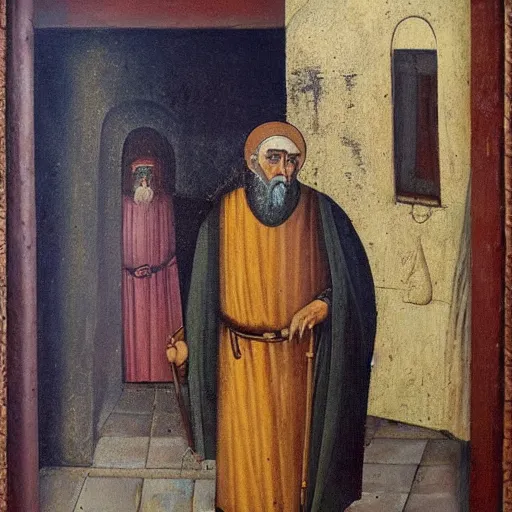 Image similar to painting by remus grecu, i dreamed i saw saint augustine striding through the quarters in the utmost misery, with a blanket underneath his arm, and a coat of solid gold