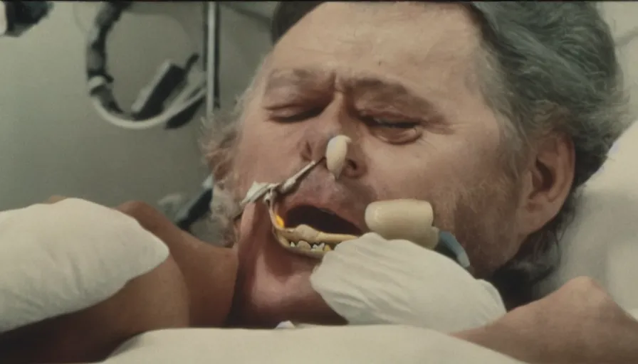 Image similar to 70s movie still of a man with a spiral in the mouth in hospital, eastmancolor, heavy grain, high quality, higly detailed, liminal space