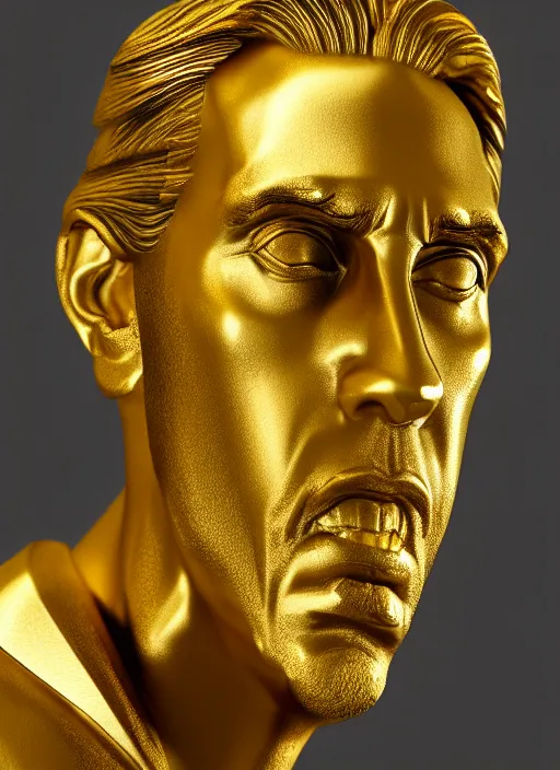 Image similar to stylized gold onyx ornate statue full body made of marble of nicholas cage, perfect symmetrical body, perfect symmetrical face, hyper realistic, hyper detailed, by johannen voss, by michelangelo, octane render, blender, 8 k, displayed in pure white studio room